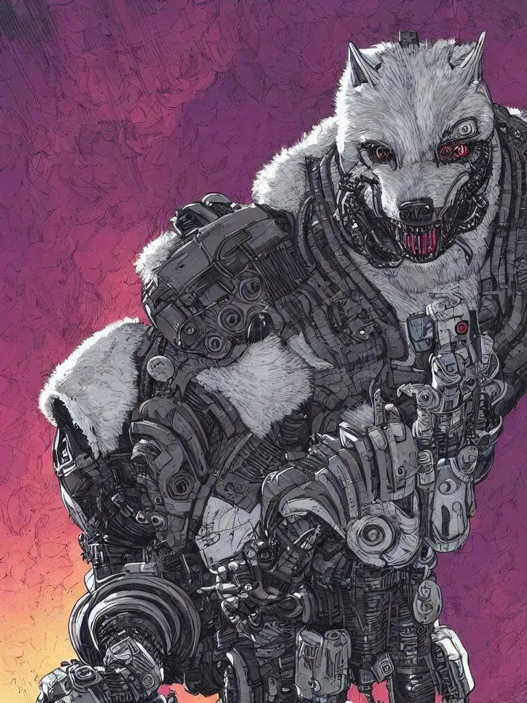 Image similar to portrait of a cybernetic werewolf warrior with white fur and silver fangs wearing black power armor, cyberpunk concept art by josan gonzales and moebius and enki bilal and and dan mumford and