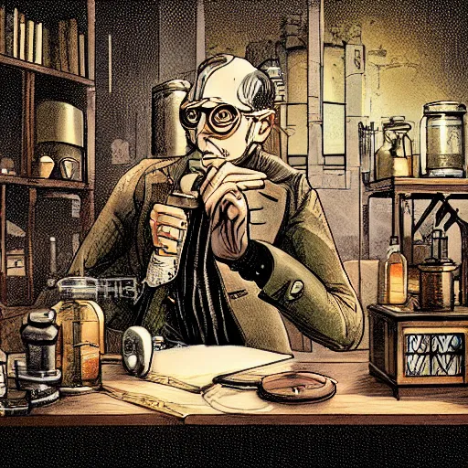 Image similar to muted colors, steampunk, comic book illustration, old victorian professor in his laboratory, detailed, cinematic lighting