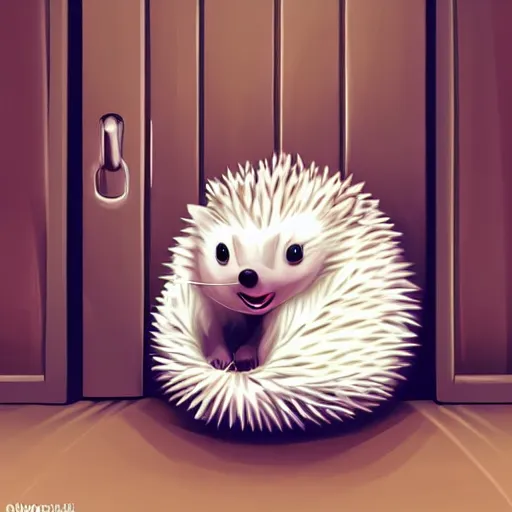 Image similar to cute adorable hedgehog opening the door, shy hedgehog, blushing, waving, smiling, cute, hedgehog, by cyril rolando