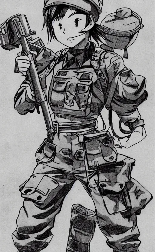 Prompt: manga, monochromatic, toriyama akira, soldier girl character, sandbags, soldier clothing