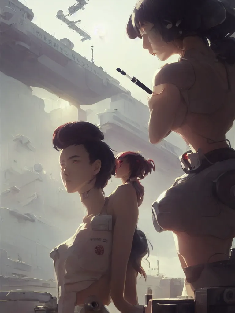 Prompt: Close-up Beautiful full body portrait of a lone beautiful cyborg anime woman smoking a cigarette, standing in front of a cyborg repair shop, while a lone futuristic military cargo ship flies overhead, by Greg Rutkowski and Krenz Cushart and Pan_Ren_Wei and Hongkun_st and Bo Chen and Enze Fu and WLOP and Alex Chow, Madhouse Inc., anime style, crepuscular rays, set in rainy futuristic cyberpunk Tokyo street, dapped light, dark fantasy, feminine figure, smooth skin, gorgeous, pretty face, beautiful fashion model body, high detail, hyper realistic, cgsociety, trending on artstation