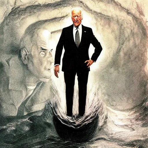 Image similar to terrifying, surreal portrait of joe biden standing up to his shoulders in turbulent, shadowy water by j. c. leyendecker, bosch, william blake, stephen gammell, jon mcnaughton, and beksinski