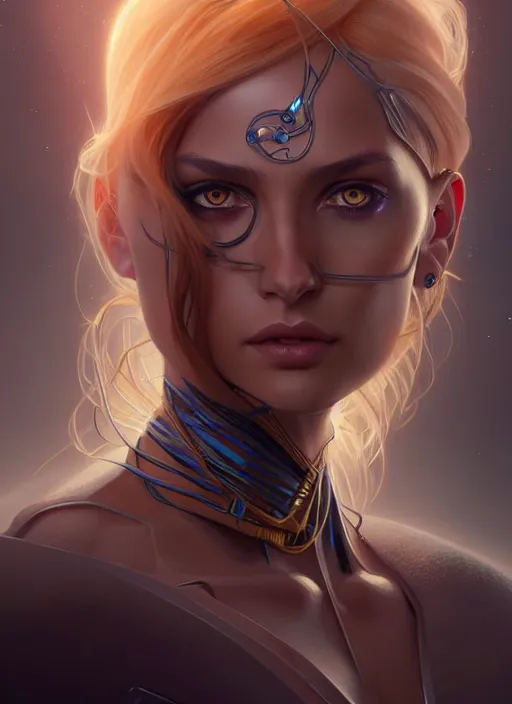 Image similar to futuristic woman portrait, sci-fi, amber eyes, face, long hair, fantasy, intricate, elegant, highly detailed, digital painting, artstation, concept art, smooth, sharp focus, illustration, art by artgerm and greg rutkowski and alphonse mucha