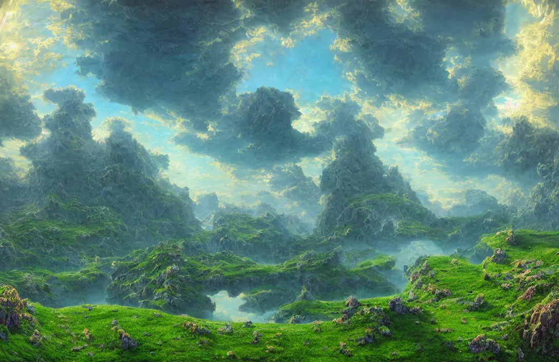 Image similar to mandelbrot mandelbulb swiss landscape, ridley scott, hyperreal phantastic green meadow landscape, small sailship, intricate details in environment, meeting point, portal, luminance, bright pastel colors, golden ratio, high aestehtic, cinematic light, godrays, distance, clear atmosphere, photobash, wideangle, bierstadt, hyperreal 4 k