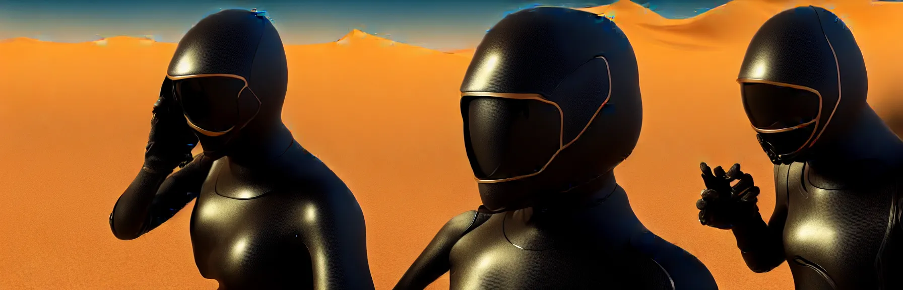 Image similar to closeup of a person in a black high tech dune stillsuit, in the desert, intricate and epic concept art, highly detailed, 8k, cinematic, sharp focus