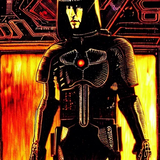 Prompt: keanu reeves as cyberpunk knight, atmospheric lighting, painted, intricate, golden hour, ultra detailed by philippe druillet