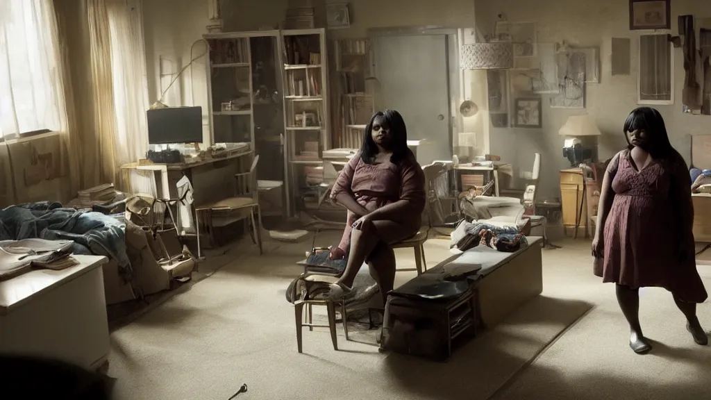 Prompt: Octavia Spencer alone in her studio apartment, moody, sad scene from the movie Pt Anderson, she takes to her friend in a virtual world, art house, award winning film, 3D rendered lighting, stunning cinematography by Hoyte van Hoytema