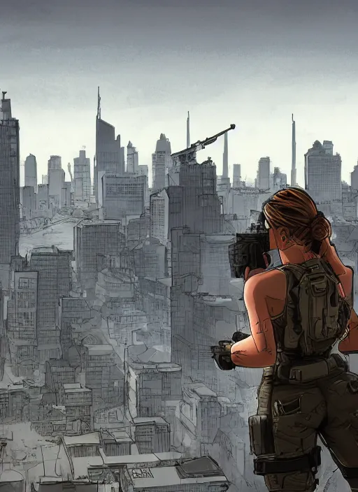 Image similar to Dinah. USN special forces operator looking at city skyline. mgs and rb6s Concept art by Matt Rhodes.