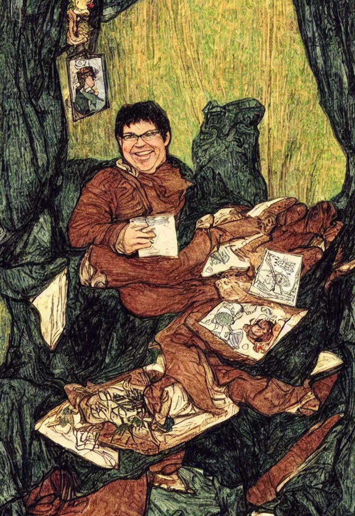 Image similar to Yann LeCun smiling on the Rider–Waite tarot. Illustration by preraphaelists.