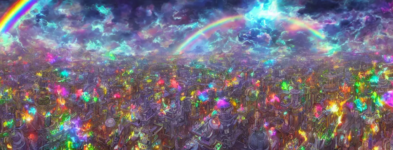 Image similar to a zoomed out panoramic view an army of rainbow soul calvary screaming into the abyss. hyperrealistic anime background illustration by irakli nadar, colorful, extremely detailed intricate linework, smooth, super sharp focus, bright colors, high contrast, matte, octopath traveler, unreal engine 5 highly rendered, global illumination, radiant light