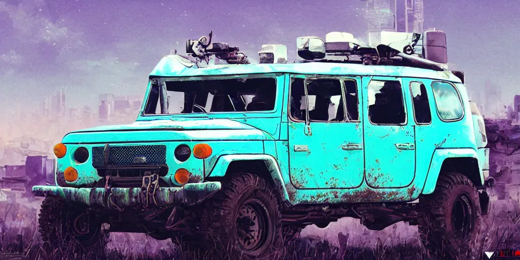 Image similar to digital illustration of a futuristic faded cyan mad max's fj 4 0 decrepit!!!! pursuit special, rusty!!! cyberpunk nissan fj cruiser heavily modded 1 9 9 0 s, the last v 8 interceptor by makoto shinkai, ilya kuvshinov, lois van baarle, rossdraws, basquiat