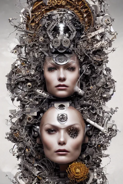 Image similar to a beautiful intricate fine art portrait photo of a cyborg with bionic implants, epic wavy hair spread out around her lined with white hibiscus, lying on a mandala, by natalie shau and michal karcz, masterpiece!, futuristic robot body, top view, studio lighting, golden ratio composition, 3 5 mm lens, deep depth of field, artstation, 8 k