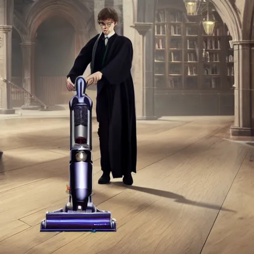 Image similar to Harry Potter riding a Dyson vacuum, 4k, detailed, ultra realistic, 4k