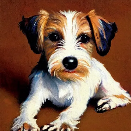 Image similar to a high quality painting of a very cute scruffy wire haired jack russell terrier puppy, white with chocolate brown spots, brown patches over both eyes. friendly, curious expression. painting by norman rockwell