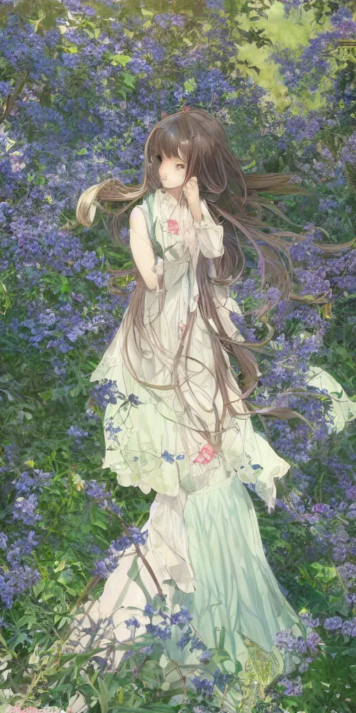 Image similar to a digital art of a loli with long hair in a dress in the privet garden at after noon, green and warm theme, mediumslateblue flowers, low angle, back lighting, by krenz cushart and mucha and akihito yoshida and greg rutkowski, highly detailed, 4 k resolution, trending on art station