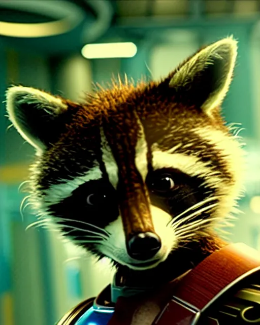 Image similar to film still of rocket the raccoon standing in the hallway of a space ship from guardians of the galaxy, soft volumetric lighting, cinematic, ridley scott, closeup portrait, confident action pose, octane