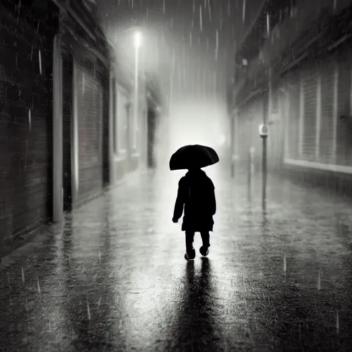 Prompt: A small child wearing black shoes and a rain coat obscuring his face walking alone in a dark alley,it is raining heavily, scary atmosphere,gloomy lighting, digital art , highly detailed , high contrast, beautiful lighting, award winning , trending on art station, 8k, photo realistic