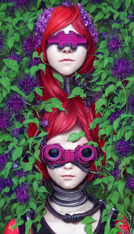 Image similar to full body head to toe portrait of a flowerpunk sci-fi cyborg spy, third person, D&D, sci-fi fantasy, intricate, red VR goggles, lily and clematis vines and sunflower, highly detailed, art by Range Murata, highly detailed, 3d, octane render, bright colors, digital painting, trending on artstation, sharp focus, illustration style of Stanley Artgerm, dramatic background