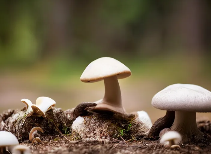 Image similar to a a cute creature sitting next to a mushroom, realistic, very detailed, complex, intricate, studio lighting, superres sharpening, bokeh, sigma 5 0 mm f 1. 4