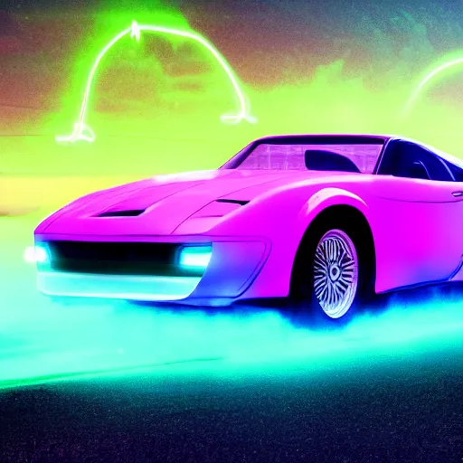 Image similar to synthwave poster of sports car in bland plains, with blue fog, purple fog, pink fog in the background and laser neon trims