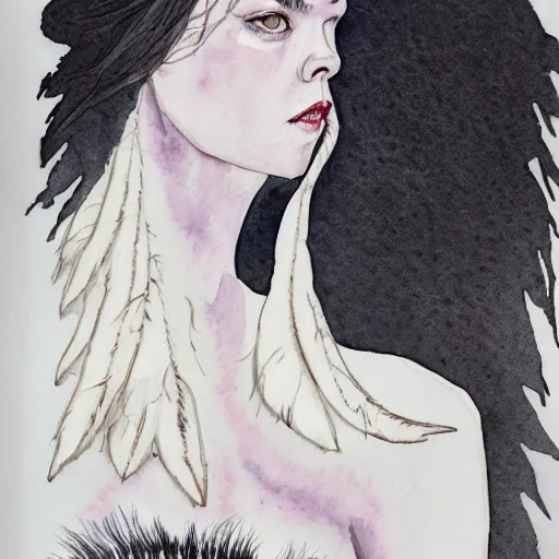 Image similar to full body detailed watercolor illustration of alien anya taylor - joy mixed with jennifer connelly, unsettling, hooded long black feathered cloak, uncanny valley, with black feathers instead of hair, gothic, reading a book, guillermo del toro, gray mottled skin, pale and sickly, profile view, - - ar 9 : 1 6