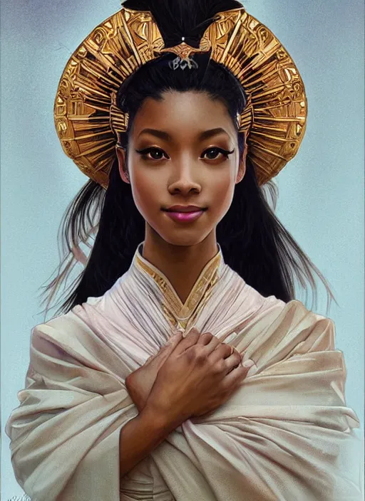 Prompt: ultra realistic illustration, smiling nubian geisha prima ballerina, sci - fi, fantasy, symmetrical face, intricate, elegant, highly detailed, digital painting, artstation, concept art, smooth, sharp focus, illustration, art by artgerm and alphonse mucha