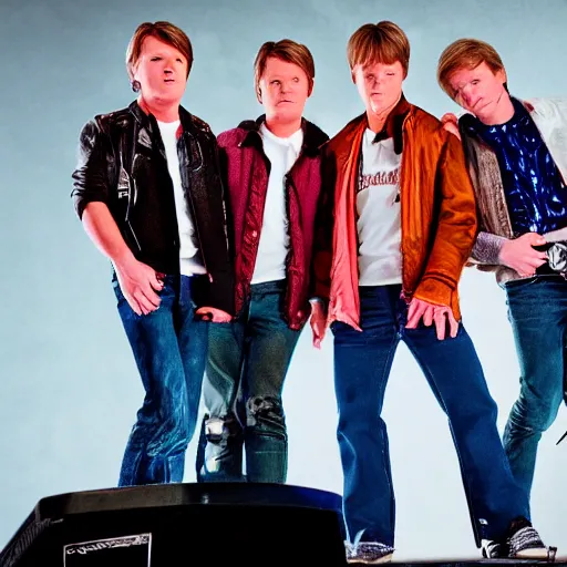 Image similar to marty mcfly as a member of british band mcfly, highly detailed, photorealistic, high - res photography, concert photos