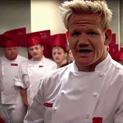 Prompt: gordon ramsay yelling at kfc employees on kitchen nightmares. the employees are lined up and in their kfc uniforms.