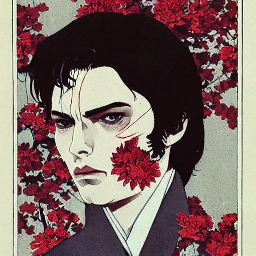 Prompt: symmetrical alain delon as a vampire, style of takato yamamoto lots of flowers