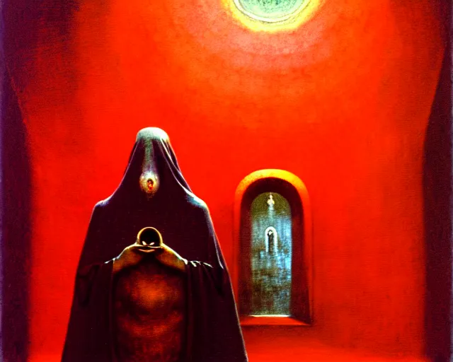 Image similar to lamprey by francis bacon, beksinski, mystical redscale photography evocative. devotion to the scarlet woman in her cathedral, priestess in a conical hat, coronation, ritual, sacrament