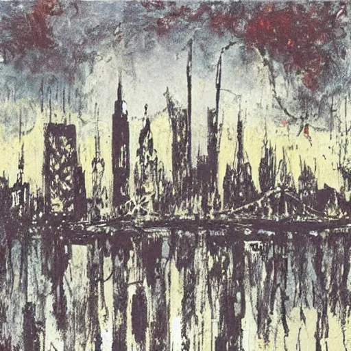 Image similar to A beautiful print of a cityscape with tall spires and delicate bridges. grey by Jackson Pollock angular