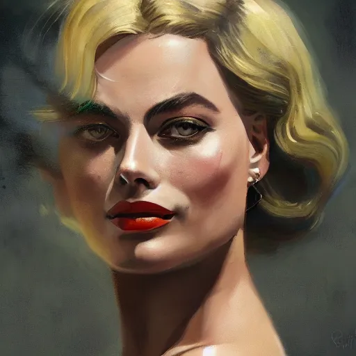 Prompt: closeup portrait of margot robbie, 1 9 2 0 s, femme fatale, dramatic lighting, city background, chiaroscuro, high detail, painted by greg rutkowski, painted by igor kieryluk, painted by bobby chiu, trending on artstation