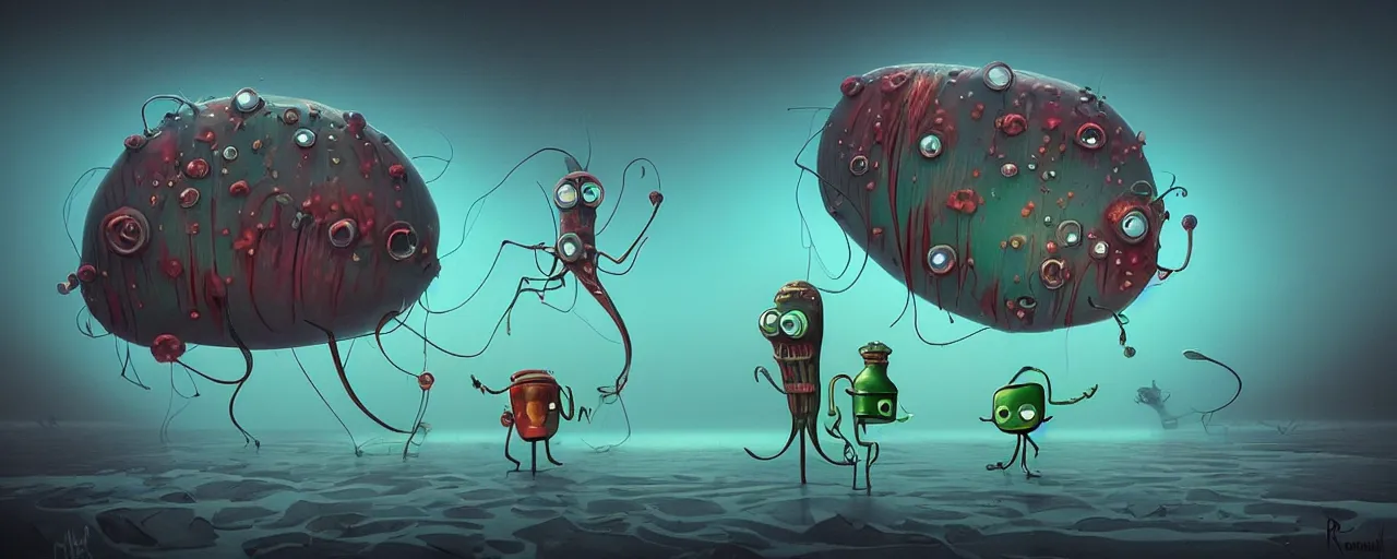 Image similar to wild whimsical plankton mutants from the depths of a wasteland deep in the imaginal realm, dramatic lighting, surreal fleischer cartoon characters, shallow dof, surreal painting by ronny khalil