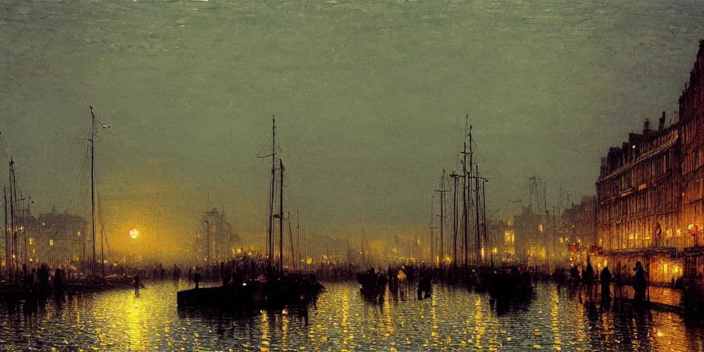 Prompt: Victorian harbour night, A beautiful painting of john atkinson grimshaw, autumn