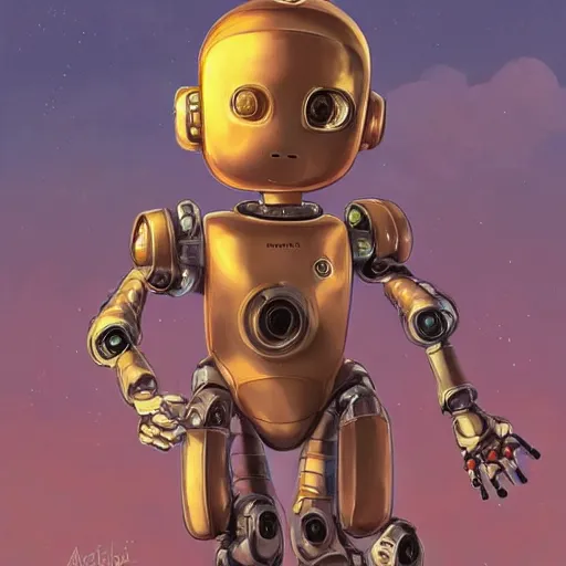 Image similar to clear portrait of robot baby, adorable appearance!!!, golden hour, happy apearance, cottagecore!!, background hyper detailed, character concept, full body, dynamic pose, intricate, elegant, highly detailed, digital painting, artstation, concept art, smooth, sharp focus, illustration, art by artgerm and greg rutkowski and alphonse mucha