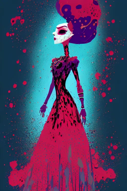 Image similar to beautiful lady half necromancer, made of red gucci fabric, dust particles, pixiv fanbox, dramatic lighting, maximalist pastel color palette, splatter paint, pixar and disney exploded - view drawing, graphic novel by fiona staples and dustin nguyen, peter elson, alan bean, wangechi mutu, clean cel shaded vector art, trending on artstation