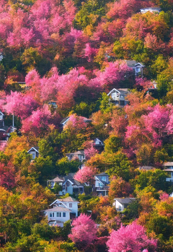 Prompt: modern houses surrounded by a pink leaf forest, artstation, day, sun, birds