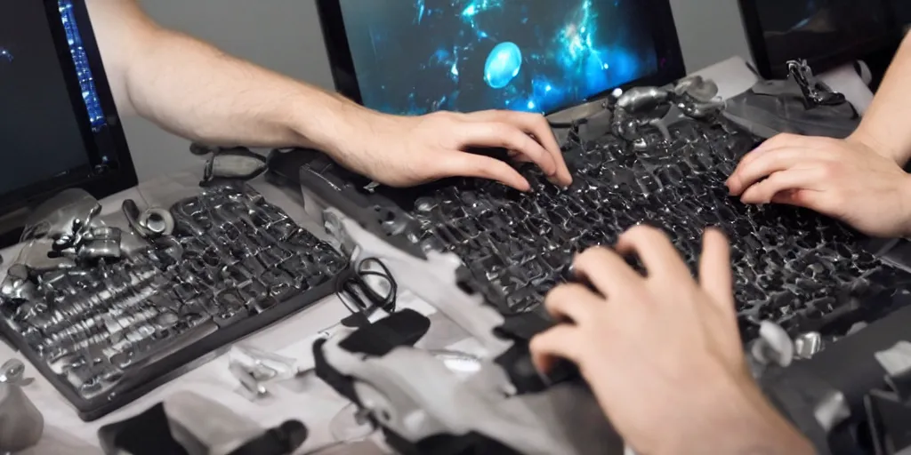 Image similar to stunning photo of a visual effects artis with multiple arms and very long fingers typing on their computer keyboard while working on a scifi movie, real photo, very impressive, toys ont eh desk