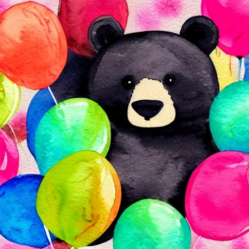 Image similar to watercolor cute animated bear holding birthday balloons