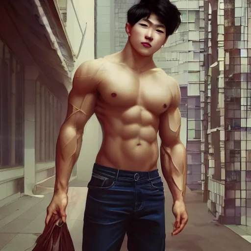 Image similar to a korean bodybuilder college boy, head to toe, bokeh, beautiful face!!!!, 2 3 years old, cg animation, lifelike, animated, realistic, character select portrait, by artgerm, greg rutkowski, alphonse mucha, 3 d