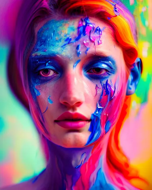 Prompt: very beautiful woman, face submerged in colorful oils, realism, extreme detail, real life, soft light, volumetric light, 3 d shadows, james jean, photoshoot