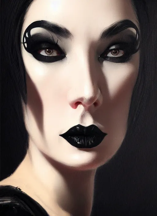 Image similar to portrait of a woman with a hook nose and a confident expression, 1 9 6 0 s, black clothes, goth, punk, funk, intricate, elegant, highly detailed, digital painting, artstation, concept art, smooth, sharp focus, illustration, art by wlop, mars ravelo and greg rutkowski