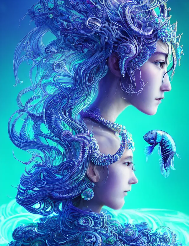 Image similar to goddess macro 3 / 4 profile portrait with crown made of ram skull. betta fish, jellyfish phoenix, bioluminiscent, plasma, ice, water, wind, creature, super intricate ornaments artwork by tooth wu and wlop and beeple and greg rutkowski