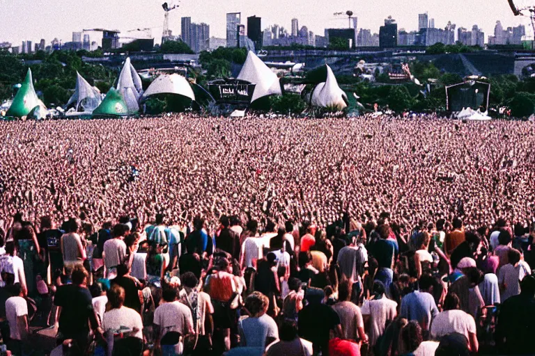 Prompt: Photograph of the largest music festival in the world, 35mm film, 1993