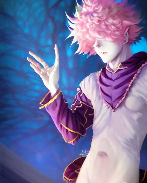 Image similar to extremely attractive soft feminine male jester / fool anime character screenshot, nagito komaeda and hisoka, anime, intricate, sharp focus, illustration, highly detailed, digital painting, cell shaded, concept art, matte, male art by ilya kuvshinov and kyoto animation and wlop, ruan jia and greg rutkowski, studio quality, masterpiece