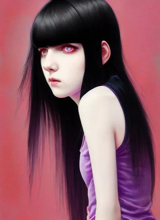 Image similar to hair blackbangs hair, white hair, blackbangswhitehair, portrait of teenage girl with black bangs, red irises, purple clothes, black bangs, bangs are white hair is black, intricate, elegant, glowing lights, highly detailed, digital painting, artstation, concept art, sharp focus, illustration, art by wlop, mars ravelo and greg rutkowski