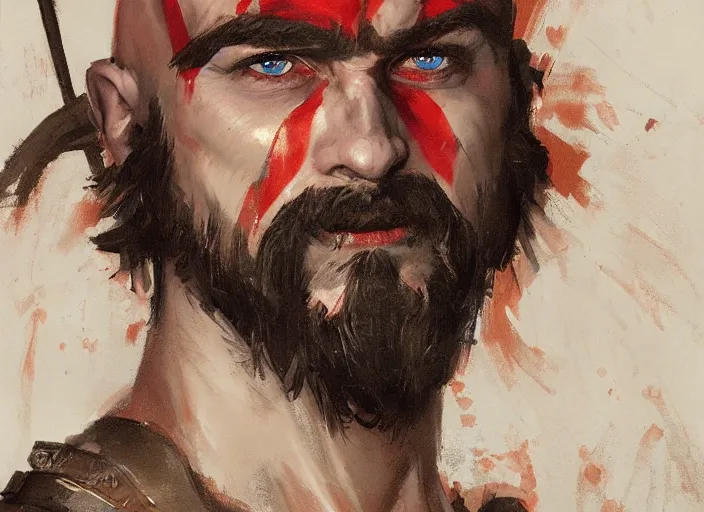Image similar to a highly detailed beautiful portrait of gabriel boric as kratos, by gregory manchess, james gurney, james jean