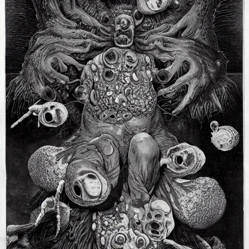 Image similar to measles on a deformed hideous pustule covered monkey, sores, bumps, skin wounds, surface hives, growths, horror, fantasy, highly detailed, by Dan Hillier and Ernst Haeckel