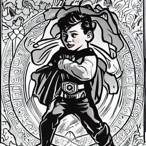 Prompt: a cute little boy with a mischievous face and short ginger hair. he is dressed as a superhero. well composed, clean elegant painting, beautiful detailed face. comic book art by steve ditko and jack kirby and ( alphonse mucha )