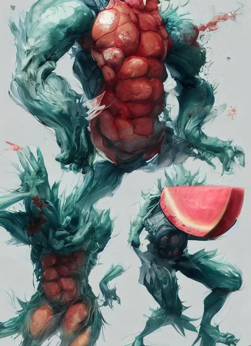 Image similar to semi reallistic gouache gesture painting, by yoshitaka amano, by ruan jia, by Conrad roset, by dofus online artists, detailed anime 3d render watermelon monster, watermelon terrible monster, antrophomorfic watermelon, portrait, cgsociety, artstation, rococo mechanical, Digital reality, sf5 ink style, dieselpunk atmosphere, gesture drawn